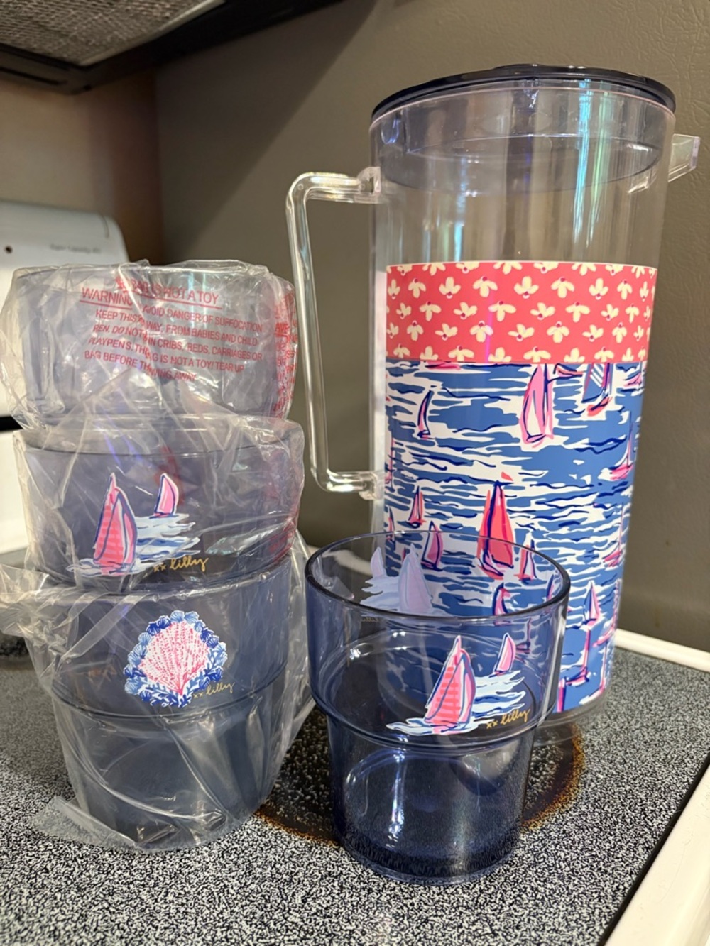 Lilly Pulitzer Pink & Blue Sailboat Acrylic Pitcher + Tumblers Set